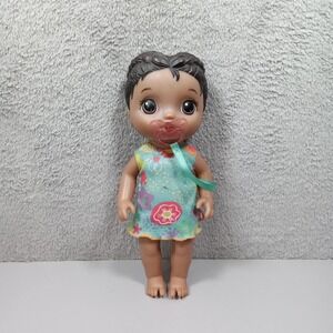 Baby Alive Lil Snacks Doll F4152 Hasbro 2019 Brown Hair Floral Dress Pacifier 8"